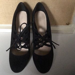 Franco Sarto lace tie high heel black suede pumps!